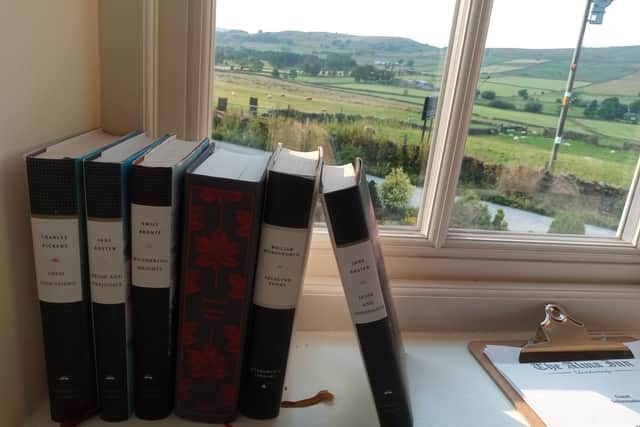 Books on the windowsill frame the view from our bedroom window at The Alma Inn - a nice nod to the Bronte sisters who were influenced by the surrounding area