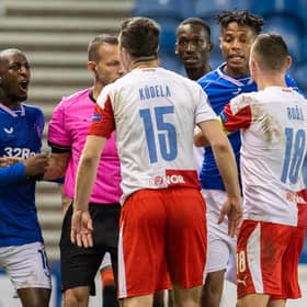 Rangers' Glen Kamara takes exception to something said by Slavia's Ondrej Kudela during the Europa League match at Ibrox on March 18 (Photo by Alan Harvey / SNS Group)