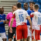 Rangers' Glen Kamara takes exception to something said by Slavia's Ondrej Kudela during the Europa League match at Ibrox on March 18 (Photo by Alan Harvey / SNS Group)