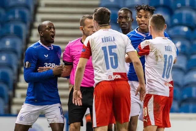 Rangers' Glen Kamara takes exception to something said by Slavia's Ondrej Kudela during the Europa League match at Ibrox on March 18 (Photo by Alan Harvey / SNS Group)
