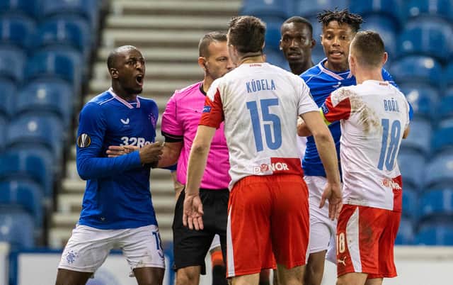 Rangers' Glen Kamara takes exception to something said by Slavia's Ondrej Kudela during the Europa League match at Ibrox on March 18 (Photo by Alan Harvey / SNS Group)