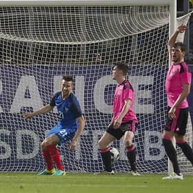 France's Laurent Koscielny celebrates scoring for France against Scotland in Metz in 2016.