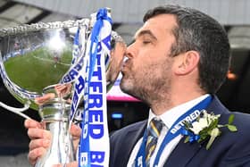 St Johnstone manager Callum Davidson lifts the Betfred Cup trophy following the 1-0 win over Livingston at Hampden (Photo by Rob Casey / SNS Group)