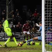 Motherwell's Mikael Mandron scores to make it 0-2 during a Scottish Cup Fourth Round match between Arbroath and Motherwell at Gayfield Park, on January 21, 2023, in Arbroath, Scotland. (Photo by Craig Foy / SNS Group)