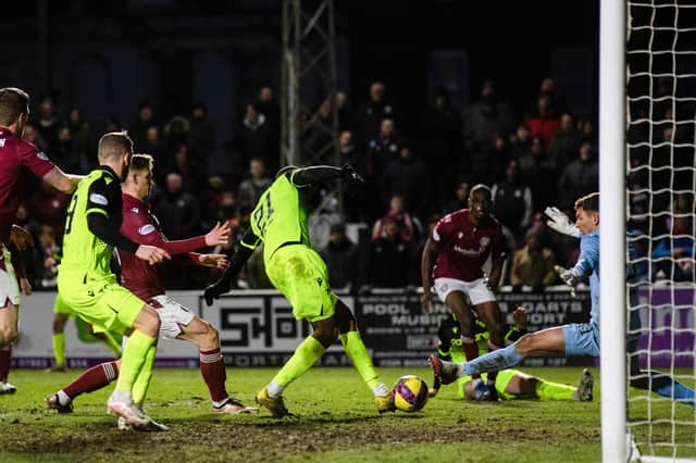 Motherwell's Mikael Mandron scores to make it 0-2 during a Scottish Cup Fourth Round match between Arbroath and Motherwell at Gayfield Park, on January 21, 2023, in Arbroath, Scotland. (Photo by Craig Foy / SNS Group)