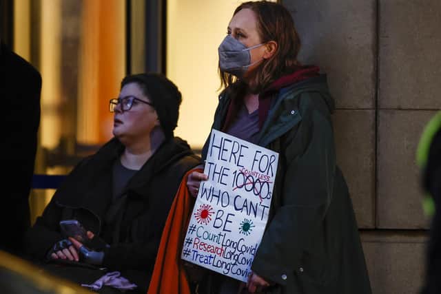 Demonstrators outside the UK Covid-19 Inquiry hearing at the Edinburgh International Conference Centre. Picture: Jeff J Mitchell/Getty Images