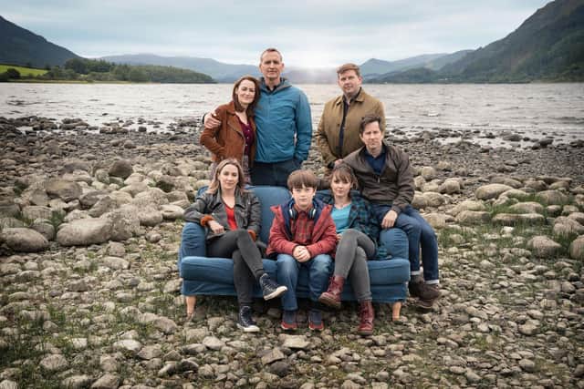 The cast of The A Word. Pictured: (L-R front, then back row) Morven Christie as Alison Hughes, Max Vento as Joe Hughes, Molly Wright as Rebeca Hughes, Lee Ingleby as Paul Hughes, Pooky Quesnel as Louise Wilson, Christopher Eccleston as Maurice Scott, Greg McHugh as Edwin (Eddie) Scott. Pic: PA Photo/BBC/ Fifty Fathoms/Ben Blackall.