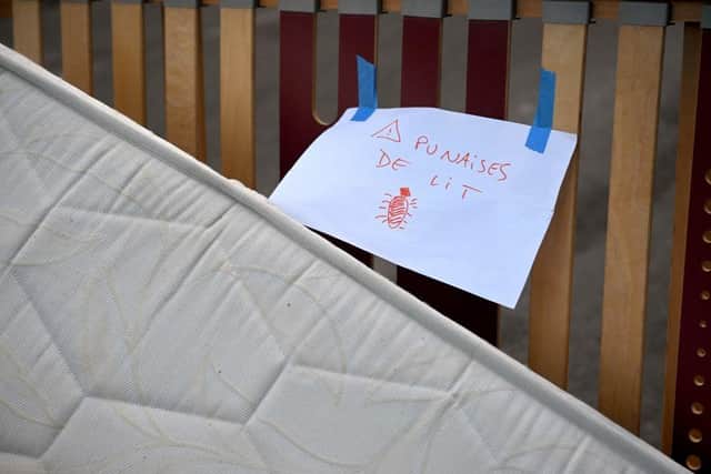 A placard reading "Bed bugs" on a mattress abandoned on the pavement in a street in Marseille, southern France, this week.