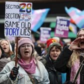 Trans rights demonstrators attend a rally on Buchanan Street in Glasgow. Scottish Labour frontbencher Pauline McNeill has been forced to drop out of hosting and attending an event with prominent gender critical activists following a formal complaint. Picture: Jeff J Mitchell/Getty Images