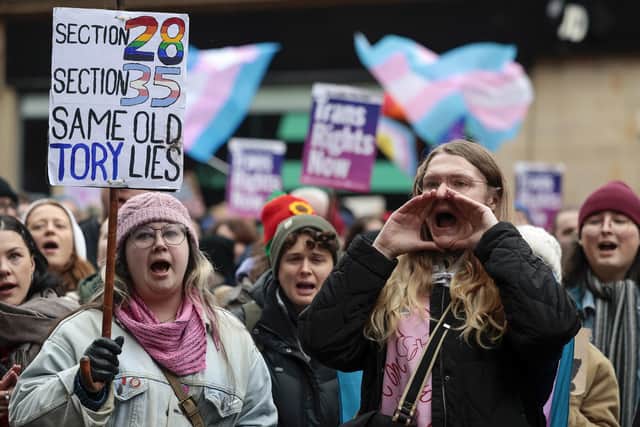 Trans rights demonstrators attend a rally on Buchanan Street in Glasgow. Scottish Labour frontbencher Pauline McNeill has been forced to drop out of hosting and attending an event with prominent gender critical activists following a formal complaint. Picture: Jeff J Mitchell/Getty Images