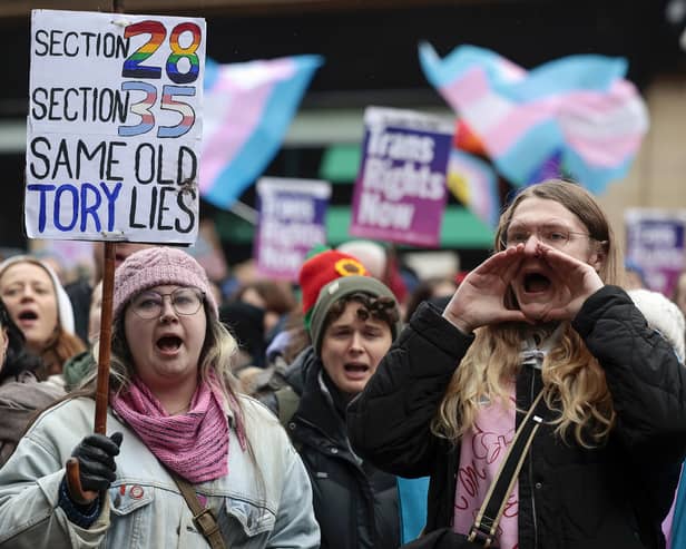 Trans rights demonstrators attend a rally on Buchanan Street in Glasgow. Scottish Labour frontbencher Pauline McNeill has been forced to drop out of hosting and attending an event with prominent gender critical activists following a formal complaint. Picture: Jeff J Mitchell/Getty Images