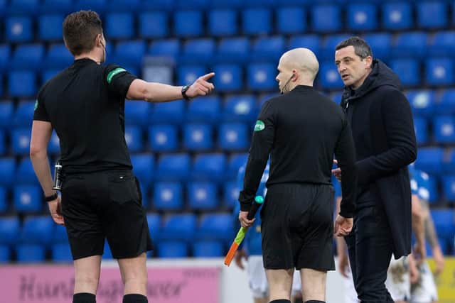 Hibs manager Jack Ross with referee David Dickinson following his booking during the Premiership loss to St Johnstone . Photo by Alan Harvey / SNS Group