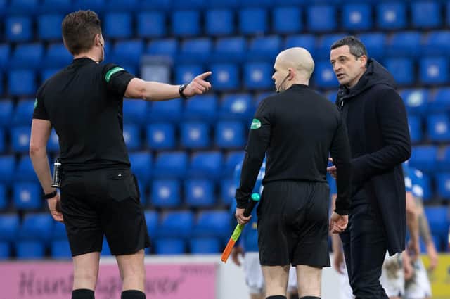 Hibs manager Jack Ross with referee David Dickinson following his booking during the Premiership loss to St Johnstone . Photo by Alan Harvey / SNS Group