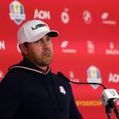 A stern-faced Brooks Koepka speaks to the media prior to the 43rd Ryder Cup at Whistling Straits. Picture: Stacy Revere/Getty Images.