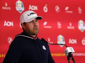 A stern-faced Brooks Koepka speaks to the media prior to the 43rd Ryder Cup at Whistling Straits. Picture: Stacy Revere/Getty Images.