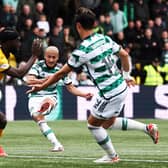 Daizen Maeda scores Celtic's third goal in the win over Livingston. (Photo by Ross MacDonald / SNS Group)