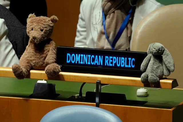 Delegates place stuffed animals on their desk during the UN General Assembly Emergency session in New York on March 2, 2022, as a symbol the the vote on the Russian resolution relates to the well-being of future generations. (Image credit: Timothy A. Clary/AFP via Getty Images)