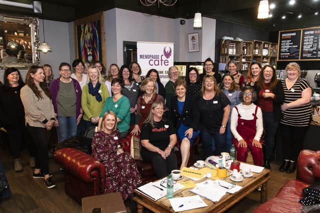 Former first minister Nicola Sturgeon and Rachel Weiss with members of the Perth Menopause Cafe. Image: Andy Sanwell.