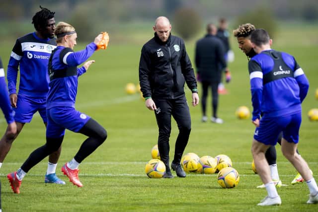 David Gray takes Hibs training ahead of their match against St Mirren.