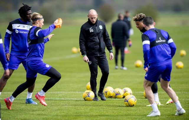 David Gray takes Hibs training ahead of their match against St Mirren.