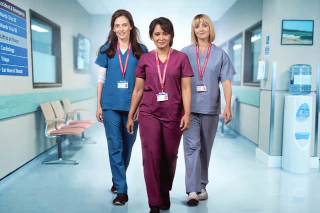 Lara Pulver as Catherine Macdiarmid, Parminder Nagra as Dr Maryam Afridi and Lisa McGrillis as Dr Helen Cavendish in the new ITV series, Maternal. PicL ITV Studios