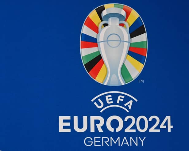 The new UEFA Euro 2024 football championship logo is presented at the Olympic stadium in Berlin on October 5, 2021. (Photo by JOHN MACDOUGALL/AFP via Getty Images)