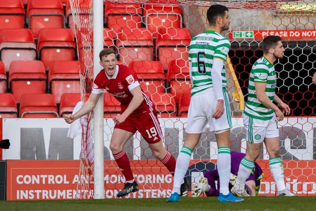 Lewis Ferguson celebrates after giving Aberdeen the lead. Picture: SNS