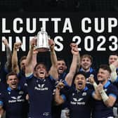 Scotland's flanker Jamie Ritchie lifts the Calcutta Cup after the 29-23 win over England at Twickenham.