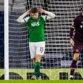 Hibs' Kevin Nisbet reacts to missing a penalty in extra time during the Scottish Cup semi-final match against Hearts. Photo by Alan Harvey / SNS Group