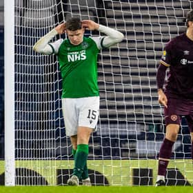 Hibs' Kevin Nisbet reacts to missing a penalty in extra time during the Scottish Cup semi-final match against Hearts. Photo by Alan Harvey / SNS Group