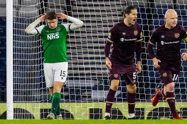 Hibs' Kevin Nisbet reacts to missing a penalty in extra time during the Scottish Cup semi-final match against Hearts. Photo by Alan Harvey / SNS Group