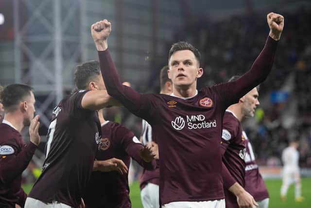 Hearts striker Lawrence Shankland celebrates scoring his 89th minute penalty to seal a 3-2 win over Motherwell. (Photo by Mark Scates / SNS Group)