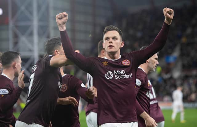 Hearts striker Lawrence Shankland celebrates scoring his 89th minute penalty to seal a 3-2 win over Motherwell. (Photo by Mark Scates / SNS Group)