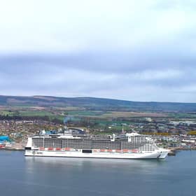 The 5,700-passenger MSC Meraviglia at Invergordon on the Cromarty Firth.