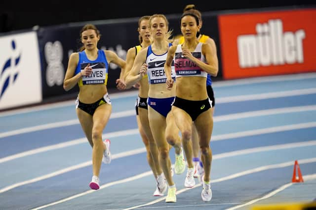 Jenny Selman (right) on the way to beating Jemma Reekie to win the women's 800 metres final at the UK Athletics Indoor Championships in Birmingham. Picture: Martin Rickett/PA