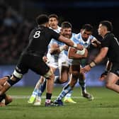 CHRISTCHURCH, NEW ZEALAND - AUGUST 27: Matías Orlando of Argentina charges into the defence during The Rugby Championship match between the New Zealand All Blacks and Argentina Pumas at Orangetheory Stadium on August 27, 2022 in Christchurch, New Zealand.