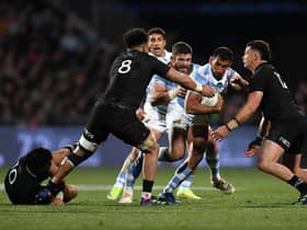 CHRISTCHURCH, NEW ZEALAND - AUGUST 27: Matías Orlando of Argentina charges into the defence during The Rugby Championship match between the New Zealand All Blacks and Argentina Pumas at Orangetheory Stadium on August 27, 2022 in Christchurch, New Zealand.