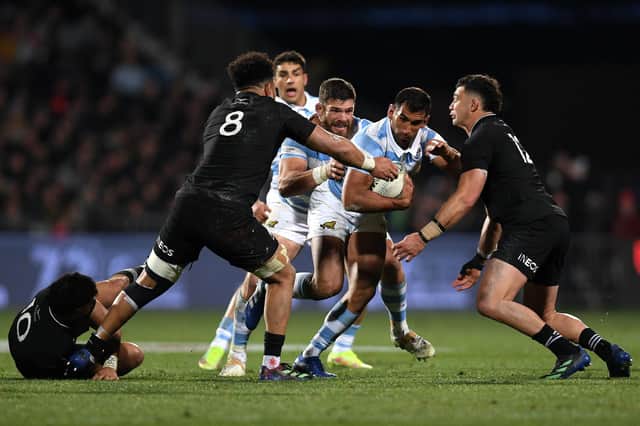 CHRISTCHURCH, NEW ZEALAND - AUGUST 27: Matías Orlando of Argentina charges into the defence during The Rugby Championship match between the New Zealand All Blacks and Argentina Pumas at Orangetheory Stadium on August 27, 2022 in Christchurch, New Zealand.