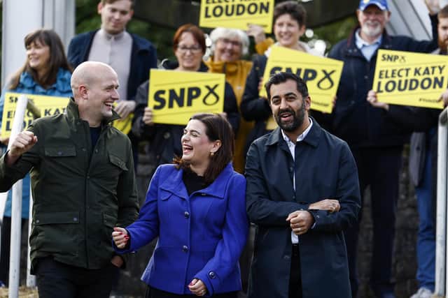 First Minister Humza Yousaf, and SNP Westminster leader, Stephen Flynn joined SNP candidate for the Rutherglen and Hamilton West by-election, Katy Loudon, at Cambuslang Miners Monument. Picture: Jeff J Mitchell/Getty Images