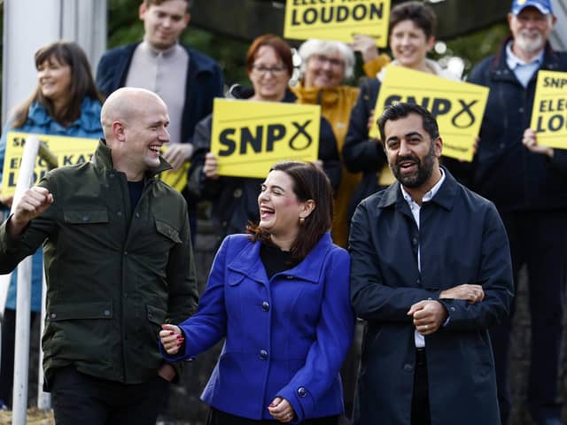 First Minister Humza Yousaf, and SNP Westminster leader, Stephen Flynn joined SNP candidate for the Rutherglen and Hamilton West by-election, Katy Loudon, at Cambuslang Miners Monument. Picture: Jeff J Mitchell/Getty Images