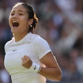 Britain's Emma Raducanu celebrates beating Belgium's Alison van Uytvanck at Wimbledon 2022 (Photo by ADRIAN DENNIS/AFP via Getty Images)