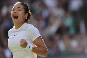 Britain's Emma Raducanu celebrates beating Belgium's Alison van Uytvanck at Wimbledon 2022 (Photo by ADRIAN DENNIS/AFP via Getty Images)