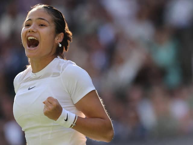 Britain's Emma Raducanu celebrates beating Belgium's Alison van Uytvanck at Wimbledon 2022 (Photo by ADRIAN DENNIS/AFP via Getty Images)
