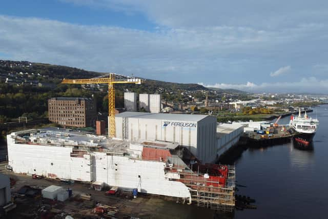 Hull 802, left, and Glen Sannox under construction at Ferguson Marine in Port Glasgow in October. Picture: John Devlin