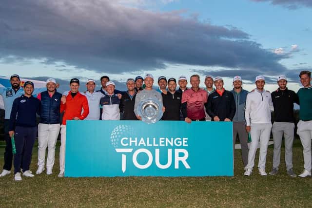Marcel Siem, seventh from the right, celebrates with his fellow 2021 Challenge Tour graduates after earning a step up to the newly-branded DP World Tour, which starts next week. Picture: Octavio Passos/Getty Images.
