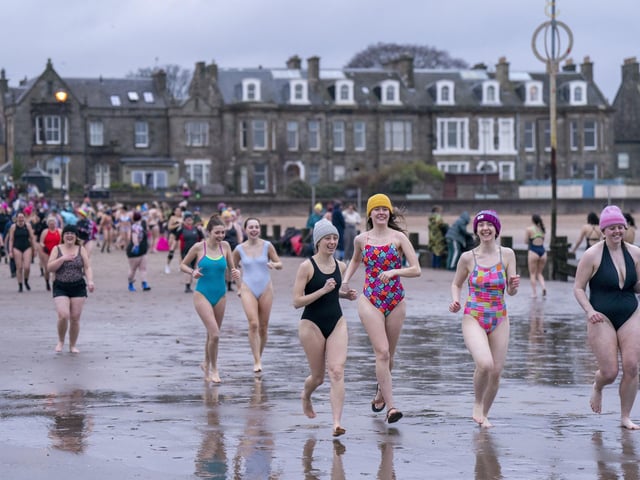 Swimmers take a dip in the Firth of Forth at Portobello in Edinburgh, to mark International Women's Day. Photo Jane Barlow/PA Wire