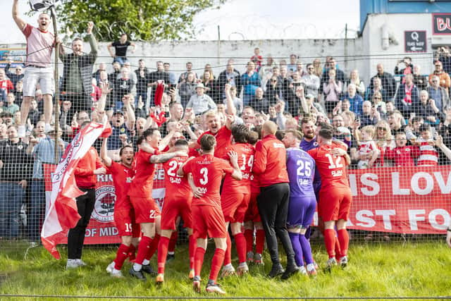 The Bonnyrigg Rose players celebrate promotion to the SPFL after beating Cowdenbeath back in May.