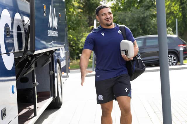 Scotland centre Sione Tuipulotu at Edinburgh Airport, ahead of the squad's flight to Nice. (Photo by Craig Williamson / SNS Group)