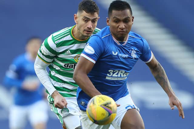 Alfredo Morelos of Rangers vies with Nir Bitton of Celtic during the Scottish Premiership match. (Photo by Ian MacNicol/Getty Images)