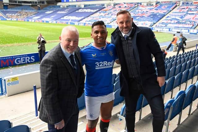 Former Rangers striker and manager Ally McCoist (left) with Alfredo Morelos (centre) and Kris Boyd after the Ibrox club's Premiership trophy day celebrations in May. (Photo by Rob Casey / SNS Group)